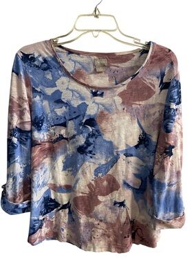 Chico's Blue and Mauve Floral-Print Long Sleeve Scoop Neck Top 3/4 sleeves large